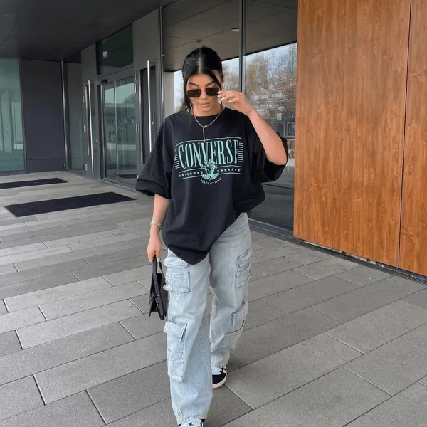 Oversized Graphic Tee with Light-Wash Cargo Jeans
