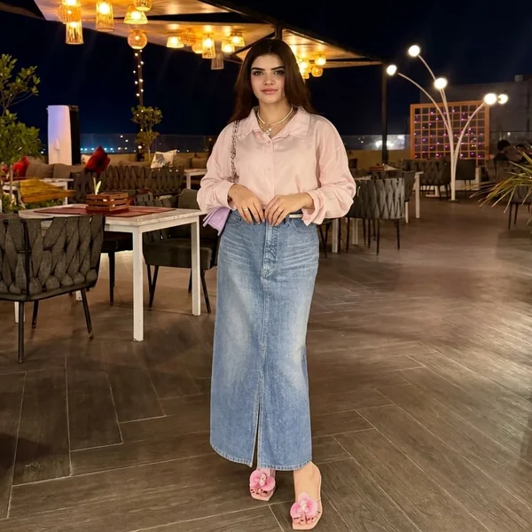 Pink Button-Down & Denim Maxi Skirt