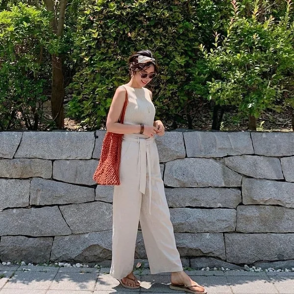Neutral Knit Top with Linen Trousers