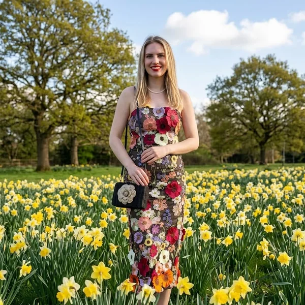 3D Floral Strapless Midi Dress with Ankle-Strap Heels