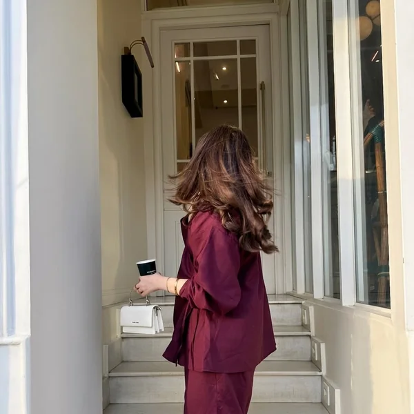 Burgundy Wrap Top and Wide-Leg Trousers