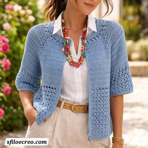 Sky Blue Open-Front Short-Sleeve Crochet Cardigan