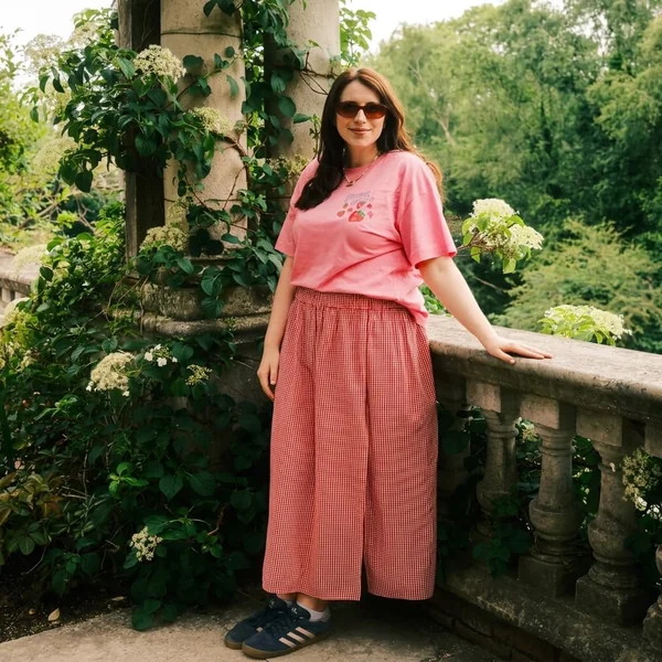 Pink Graphic Tee with Red Gingham Wide-Leg Trousers