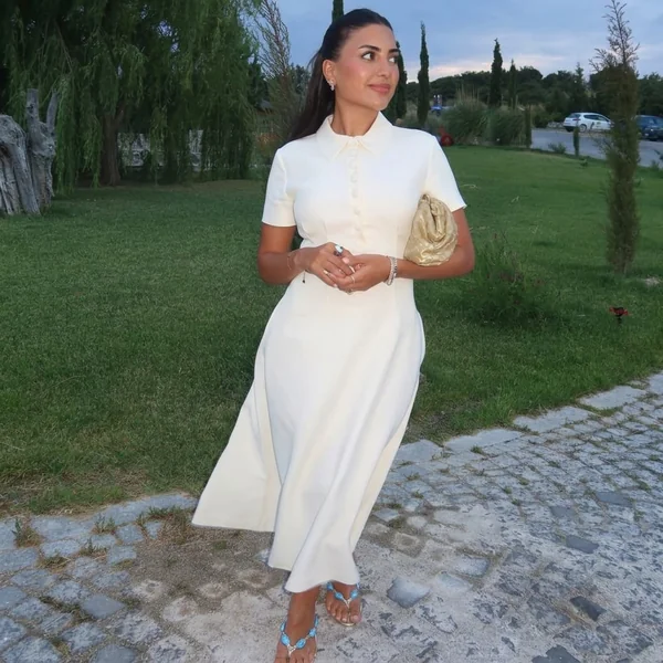 Elegant Off-White Collared Midi Dress