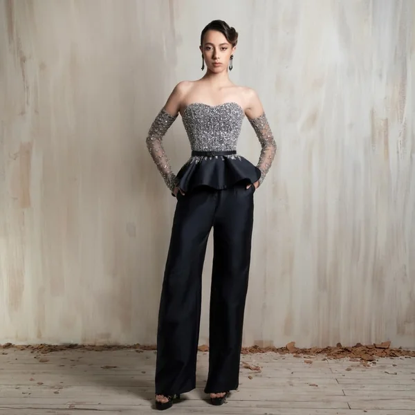 Embellished Silver Strapless Peplum Top and Trousers
