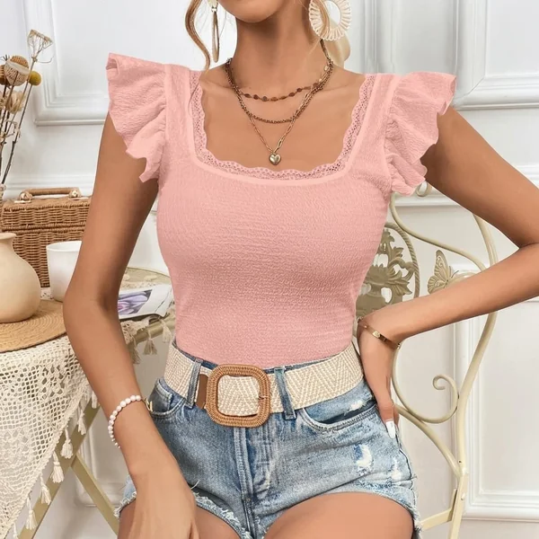Pink Lace-Trim Square Neck Flutter-Sleeve Top