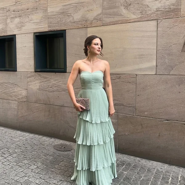 Strapless Pleated Mint Green Gown