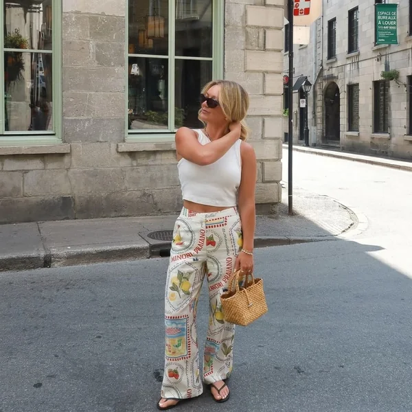 White Crop Tank and Stamp-Print Trousers