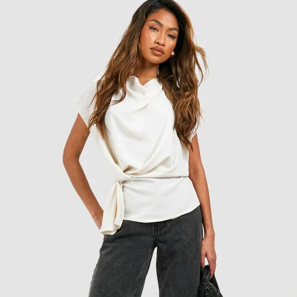 Cream Side-Tie Cowl Top
