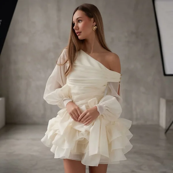 Cream One-Shoulder Tiered Mini Dress