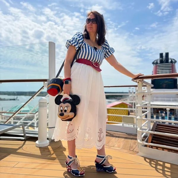 Striped Puff-Sleeve Anchor Eyelet Midi Dress