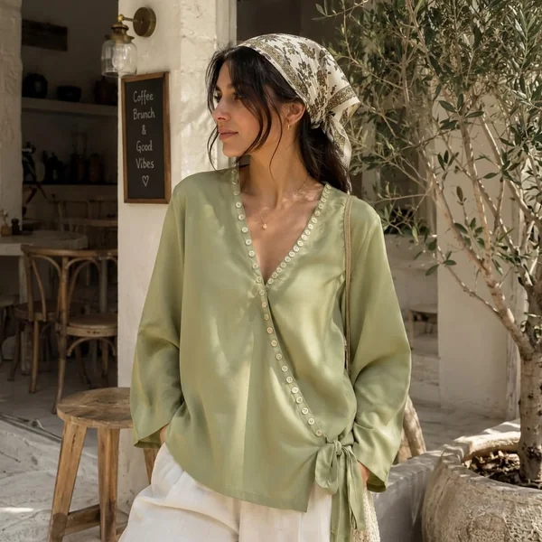 Sage Green Button-Detail Wrap Blouse