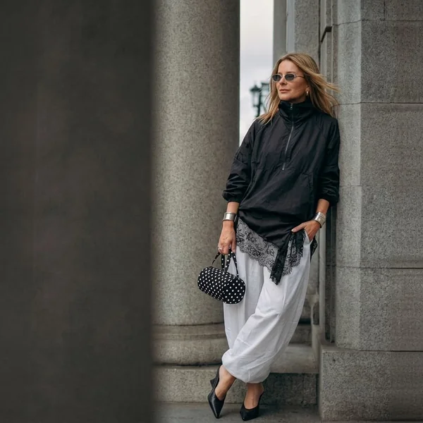 Lace-Trimmed Anorak with White Balloon Trousers
