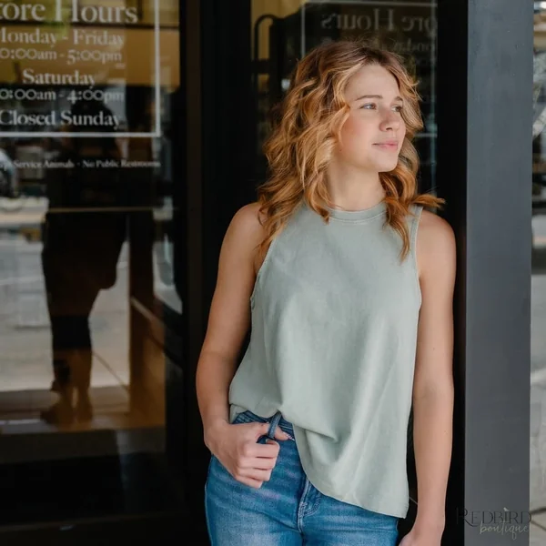 Sage Green High-Neck Tank with Classic Denim