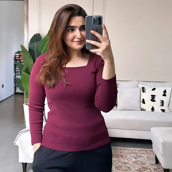 Maroon Long-Sleeve Square Neck Top