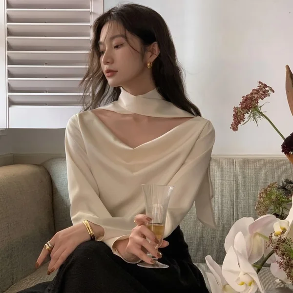 Cream Scarf-Neck Satin Top