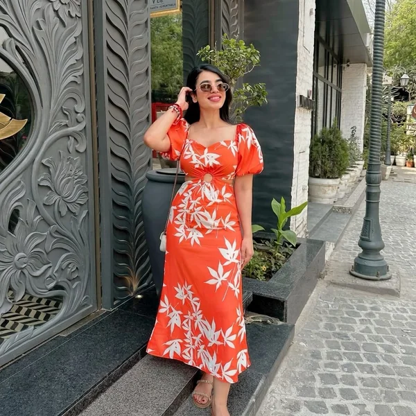 Tropical Orange Cut-Out Maxi Dress