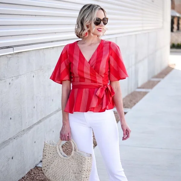 Striped Red Wrap Top with White Denim