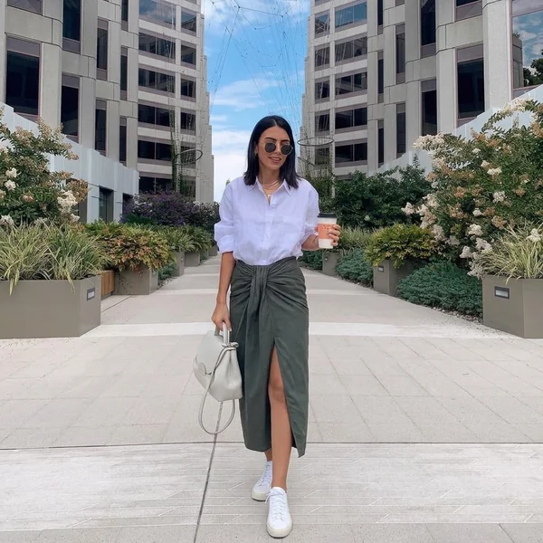 Linen Button-Down with Knot-Front Midi Skirt