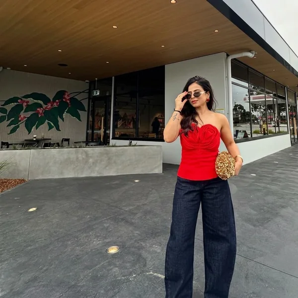 Rose-Detail Red Strapless Top with Wide-Leg Denim