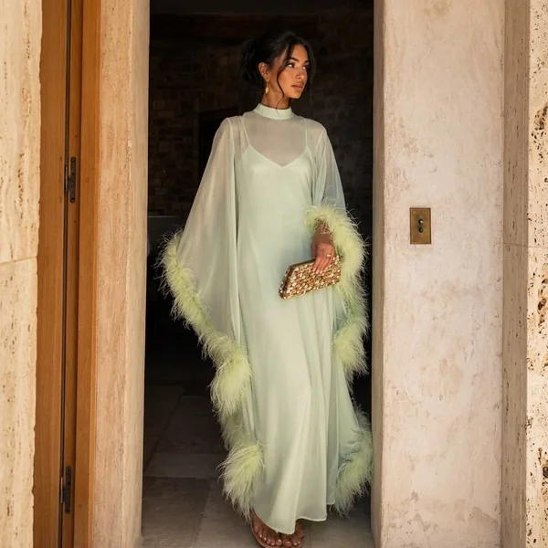 Mint Green Feather-Trimmed Gown