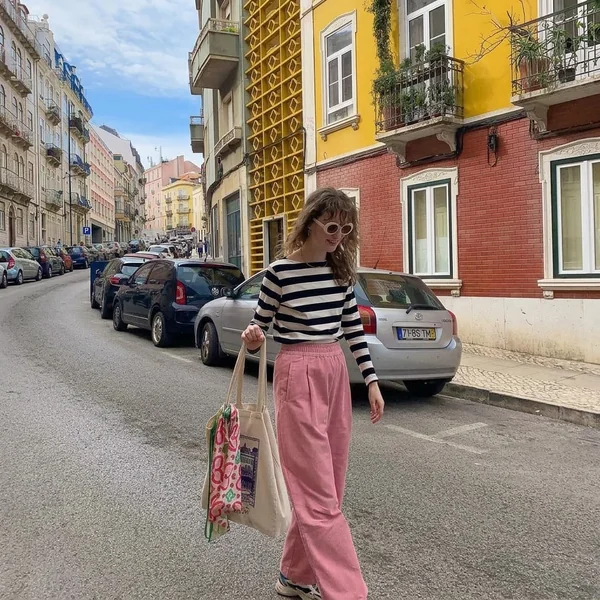Striped Long-Sleeve Tee with Pink Corduroy Trousers