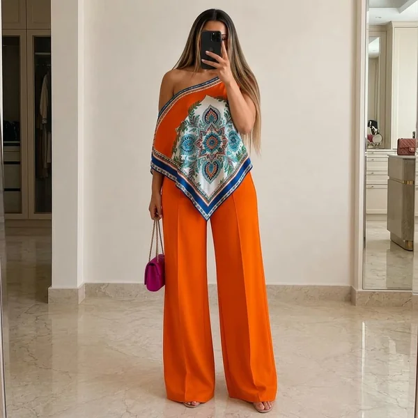 Medallion One-Shoulder Scarf Top