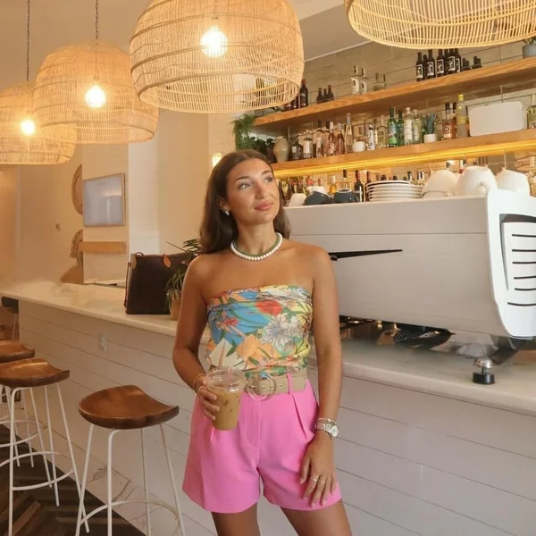 Tropical Strapless Scarf Top with Bright Pink Shorts