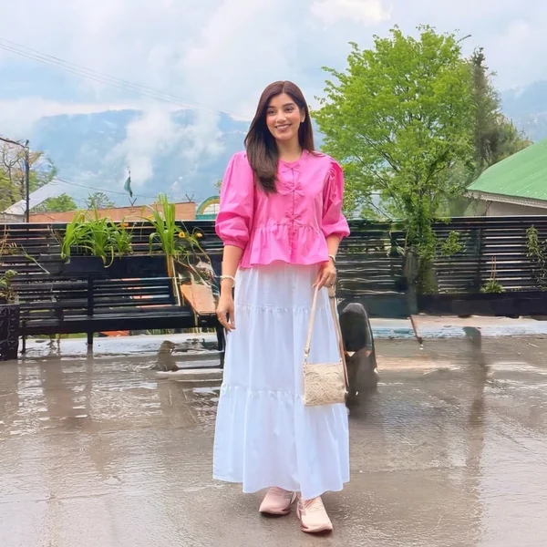 Pink Puff-Sleeve Blouse with Tiered White Maxi Skirt