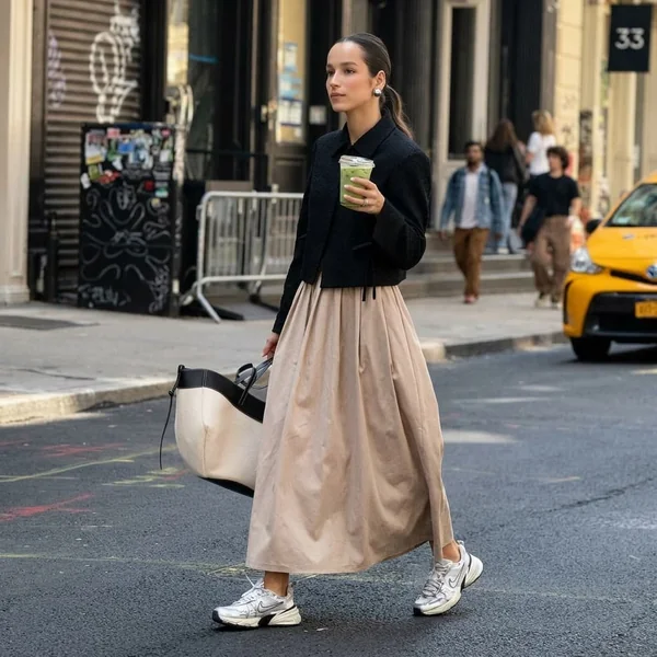 Cropped Jacket with Voluminous Beige Skirt