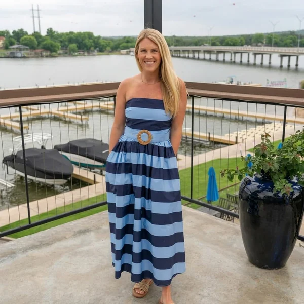 Striped Strapless Maxi Dress with Statement Belt
