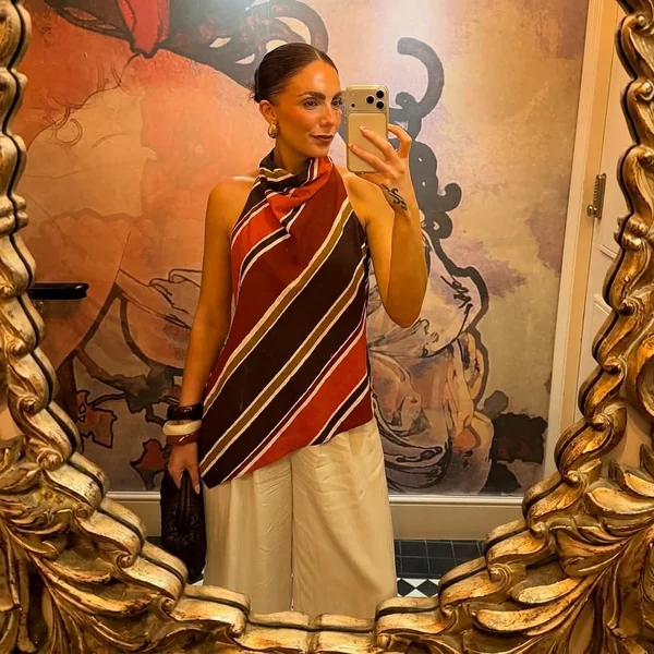 Striped Asymmetric Halter Top with Wide-Leg Pants