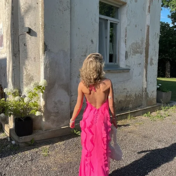 Hot Pink Backless Ruffled Maxi