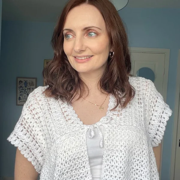 White Front-Tie Openwork Crochet Vest