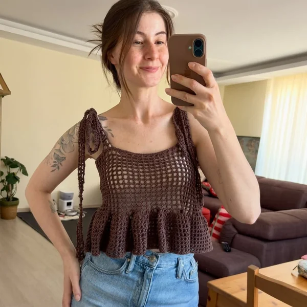 Chocolate Brown Tie-Strap Crochet Peplum Top