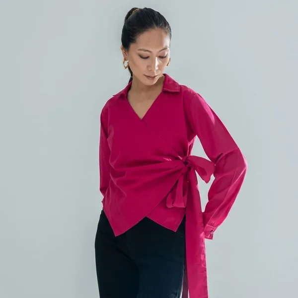 Magenta Long-Sleeve Wrap Top with Trousers