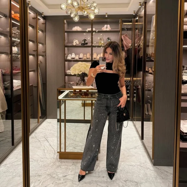 Rhinestone Wide-Leg Jeans & Cutout Top