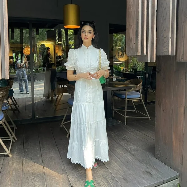 White Maxi Dress with Green Flip Flops