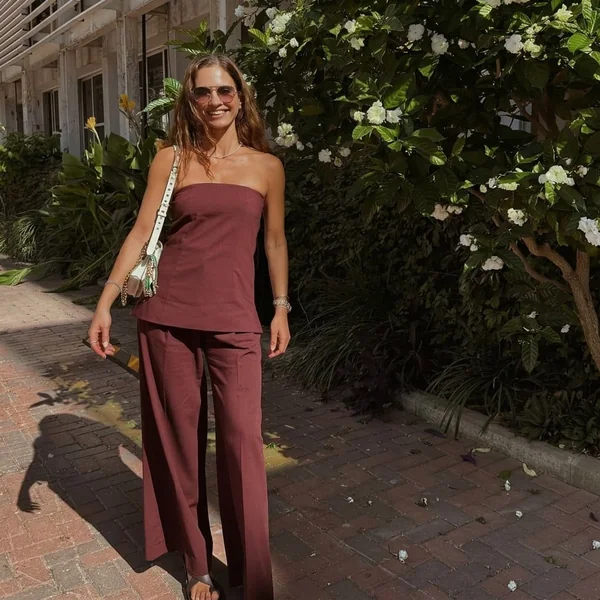 Chocolate Brown Strapless Tunic and Wide-Leg Trousers