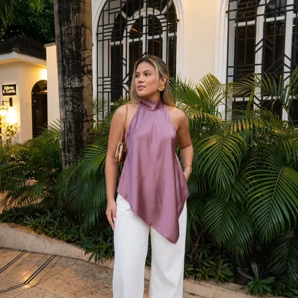 Mauve Satin Asymmetric Halter Top with Wide-Leg Trousers