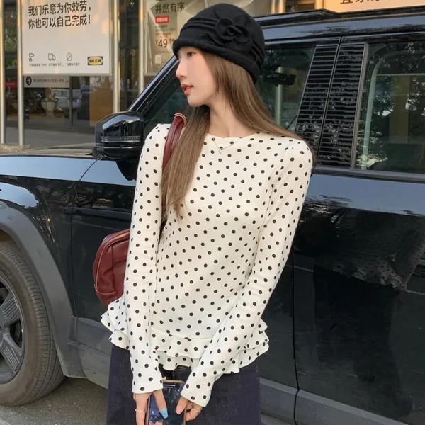 Long-Sleeve Ruffled Polka Dot Top