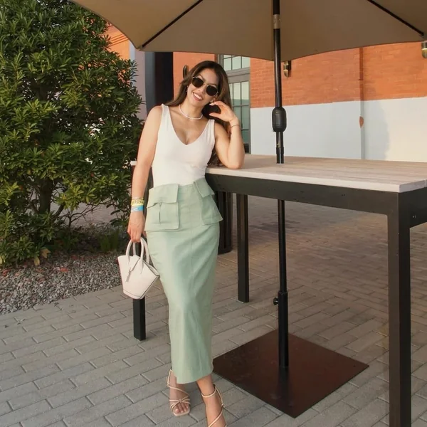 White Ribbed Tank and Sage Utility Maxi Skirt