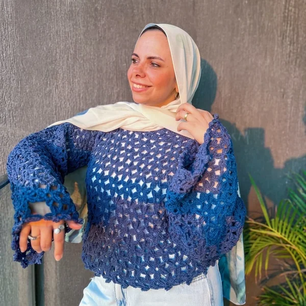 Long-Sleeve Indigo Starburst Crochet Top