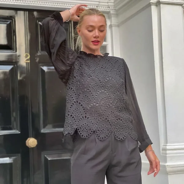 Eyelet Lace Blouse with Tailored Trousers