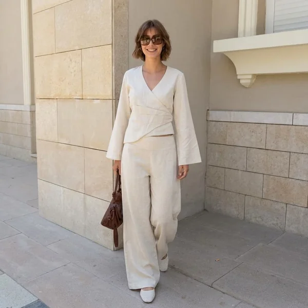 Cream Linen Pleated Wrap Top Set