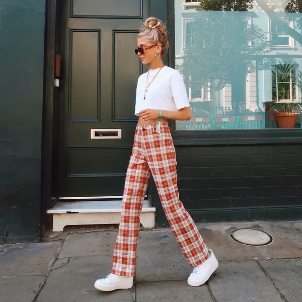 Red Plaid Trousers and White Cropped Tee