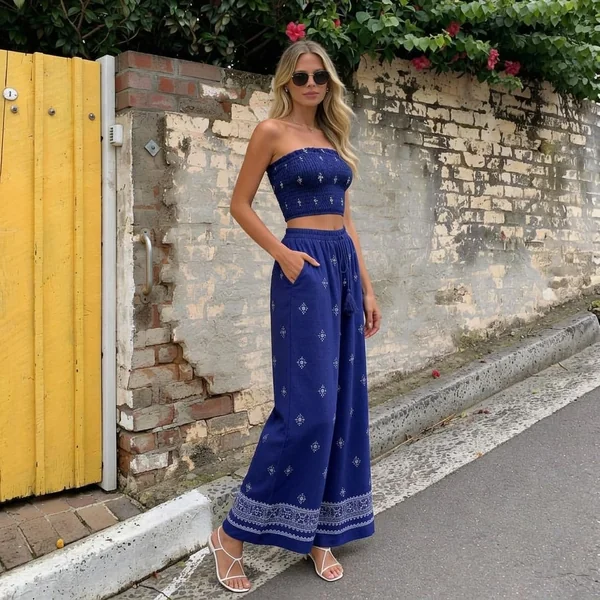 Smocked Royal Blue Strapless Crop Top
