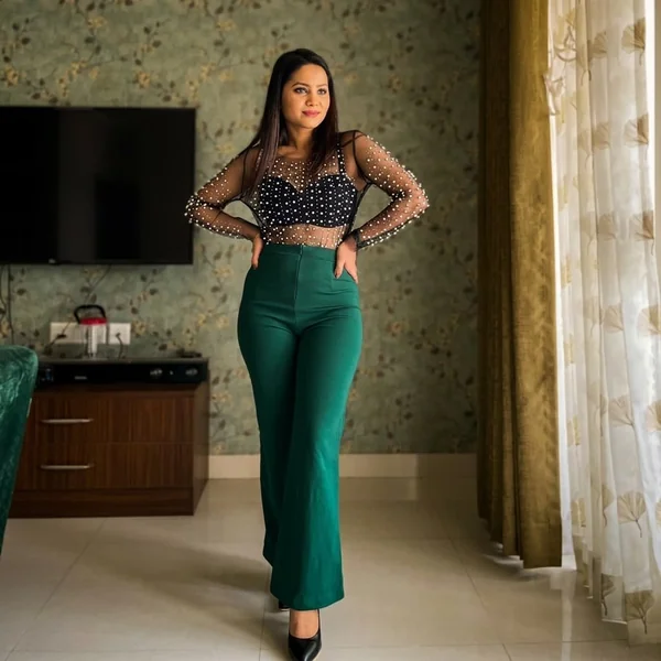 Pearl-Embellished Sheer Top & Flared Trousers