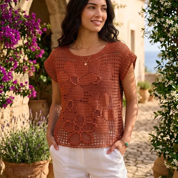 Terracotta Floral Fillet Crochet Top
