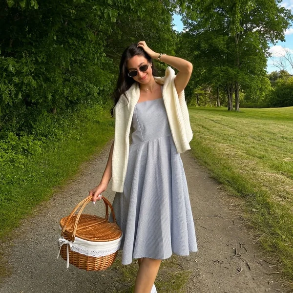 Blue Striped Midi Dress with Cream Sweater Layer